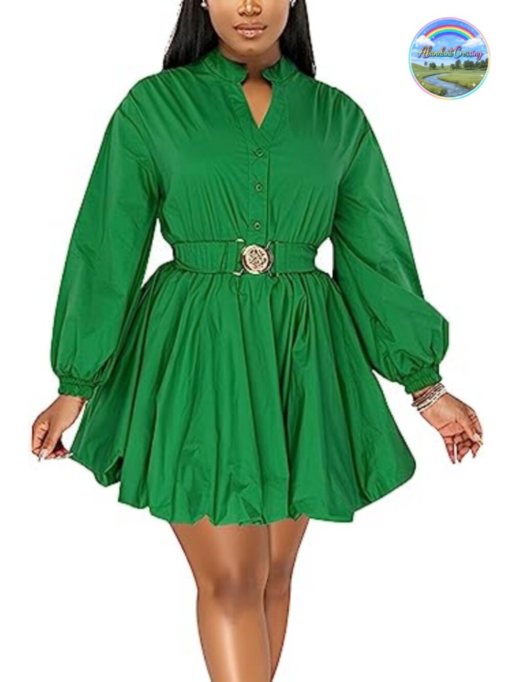 Puff Sleeve Mini Dress Deep V Neck Button Down High Waist Belted